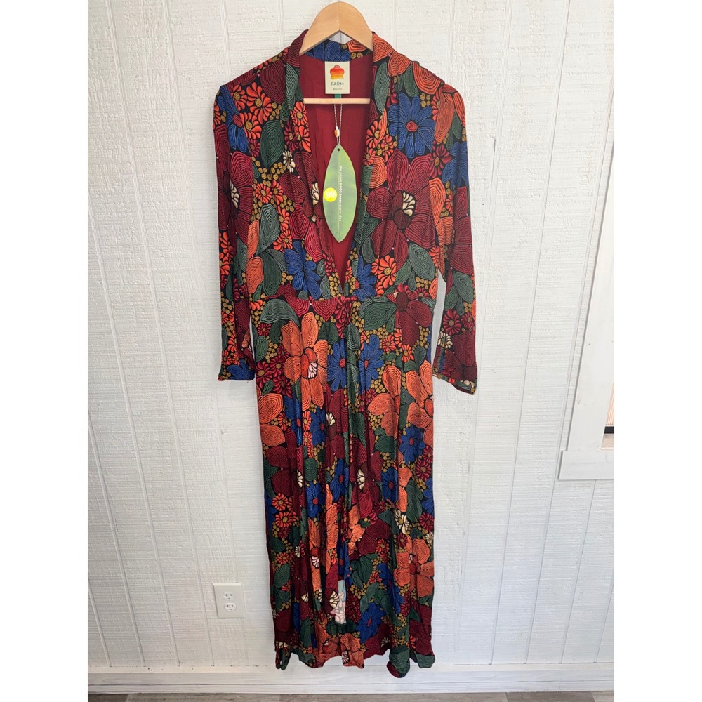 Farm Rio Maxi Dress Women Black Stitched Flowers Floral V-Neck Long Sleeve L